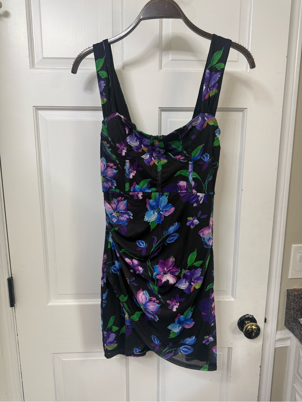 Lulu's Black Mini Dress with Purple, Blue & Green Floral Print